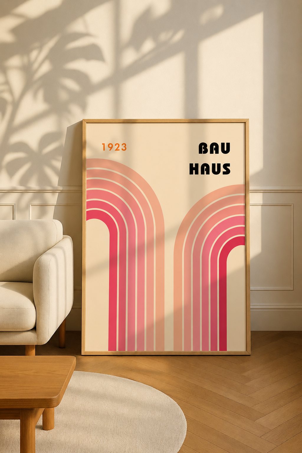 Bauhaus 1923 – Double Arch in Red & Pink | Minimalist Framed Art Print